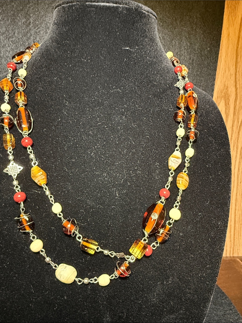 Handcrafted Amber & Red Glass Bead Double Strand Necklace